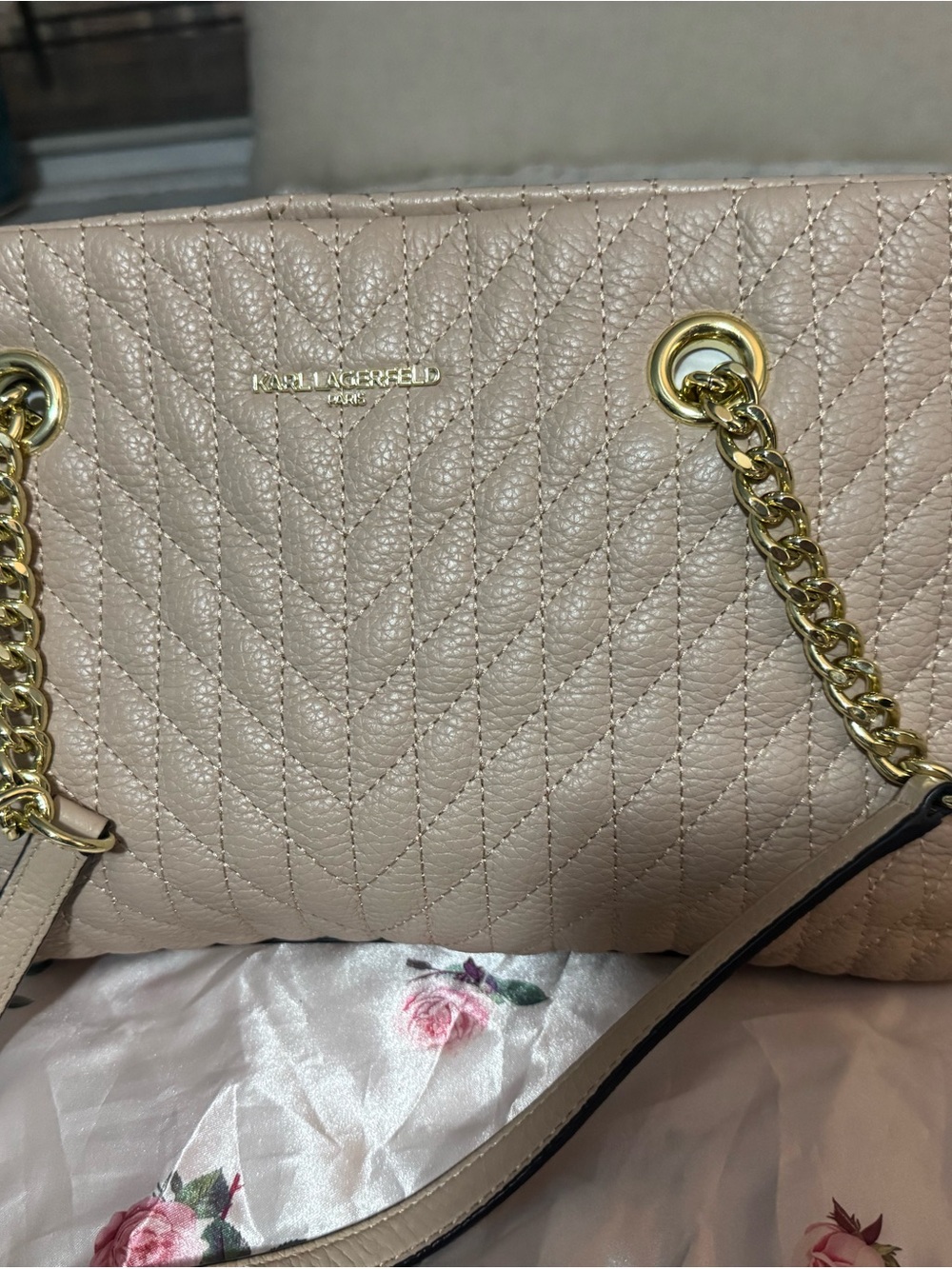 Karl Lagerfeld Quilted Leather Shoulder Bag in Beige with Gold Hardware